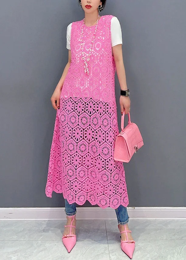 Handmade Pink O-Neck Hollow Out Knit Dresses Summer