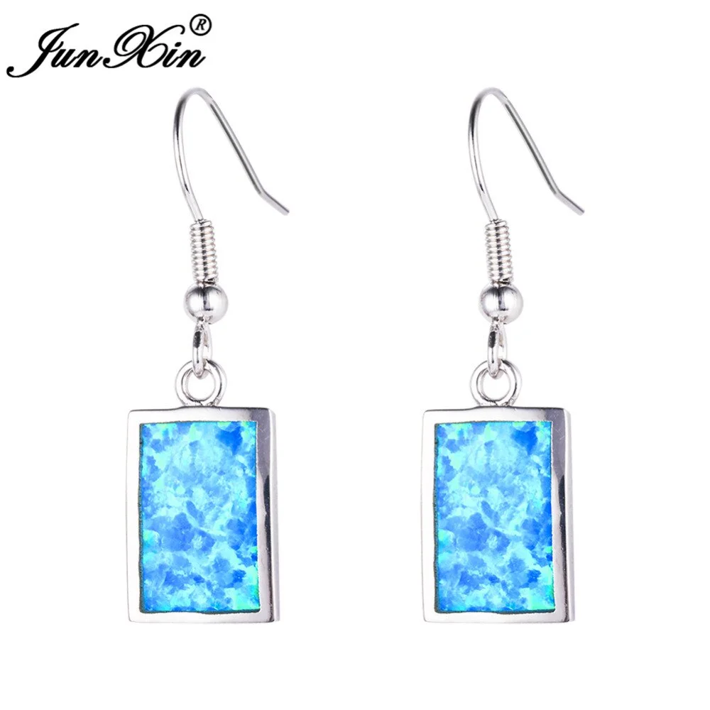 JUNXIN Bohemian Blue Fire Opal Dangle Earring Silver Color Earrings For Women Double Sided Earrings
