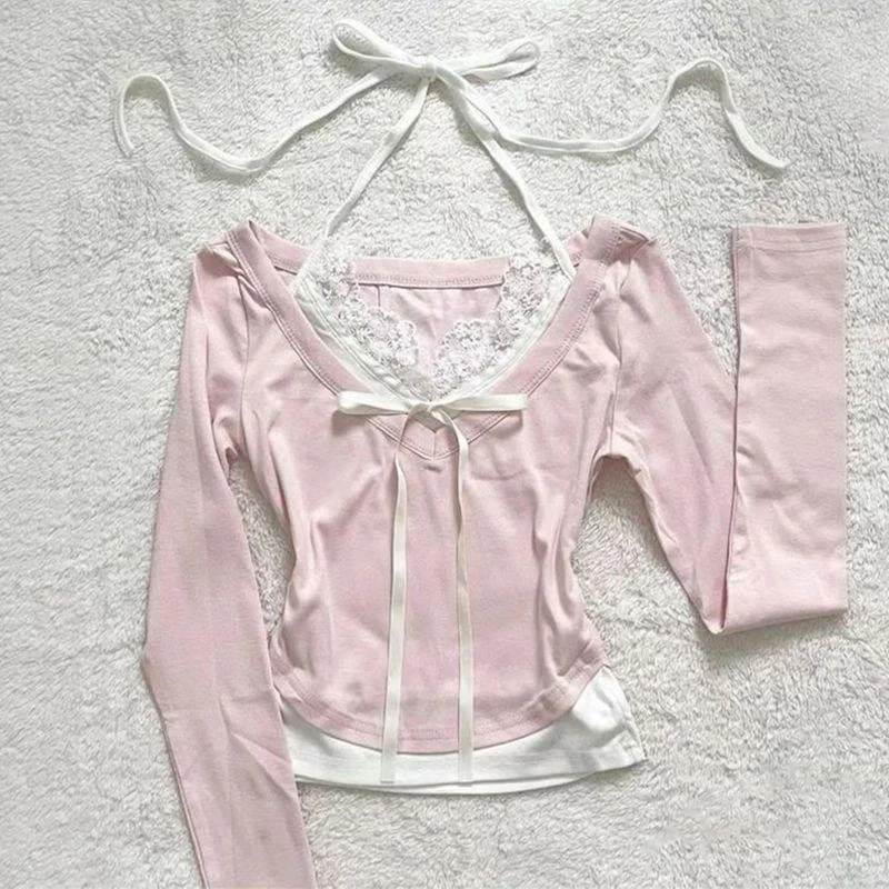 Aonga Solid Color Pattern Lace Edge Tops Button 90S Tops Casual Harajuku Trash Punk Chic Cute Street Retro Women's Long Sleeve T-Shirt aonga