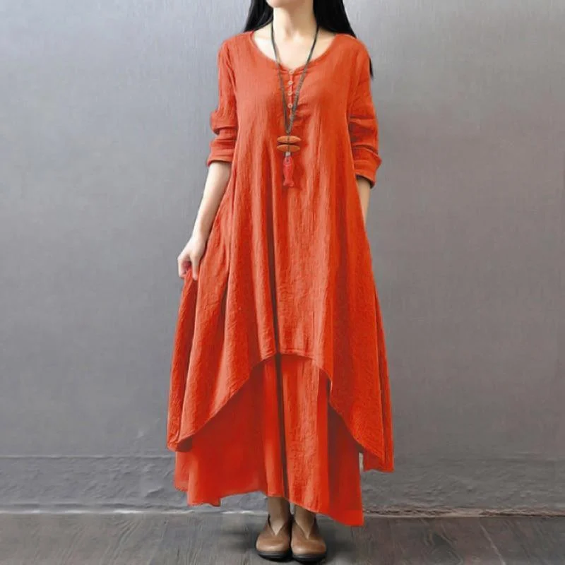 Vintage Women Casual Loose Dress Solid Long Sleeve Boho Ethnic Long Maxi Dresses