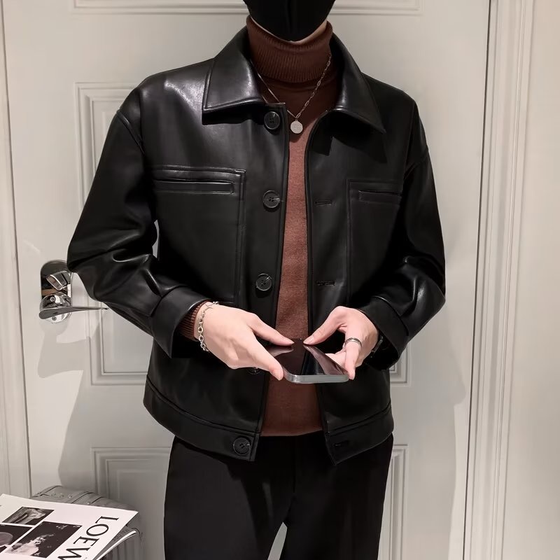 autumn Men's Leather Jacket Trendy Lapel Casual Short American Street Wear Slim-fit Motorcycle