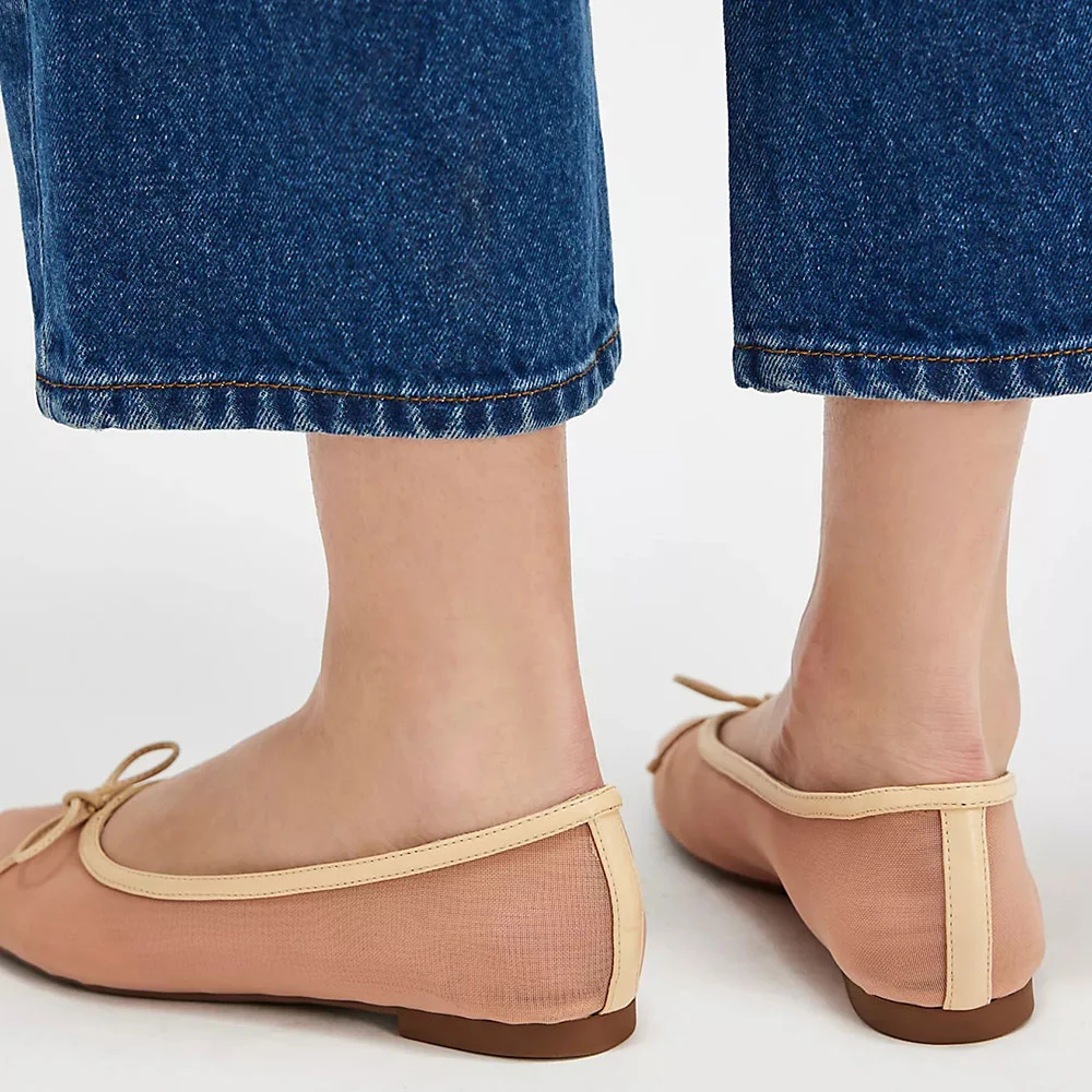 Comfortable Nude Mesh Bow Accent Square Toe Flat Shoes Women