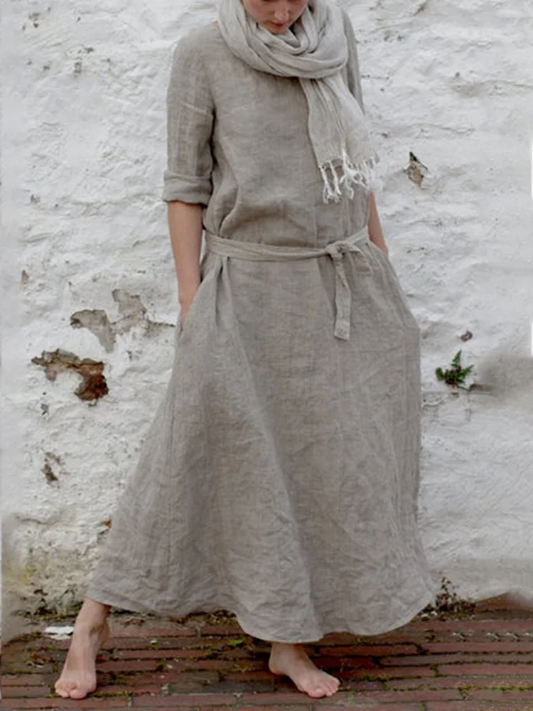 Retro casual cotton and linen dress