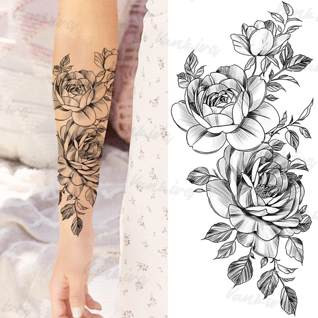 Gingf Dahlia Temporary Tattoos For Women Girls Realistic Rose Flower Snake Fake Tattoo Sticker Sexy Forearm Body Tatoos 3D