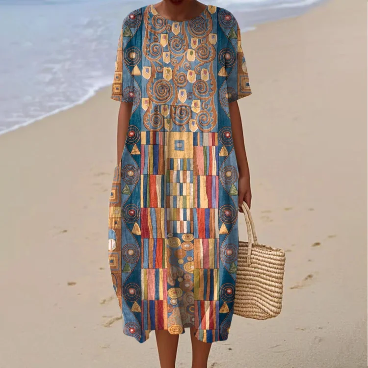 Women's Abstract Geometric Art Print Crew Neck Dress