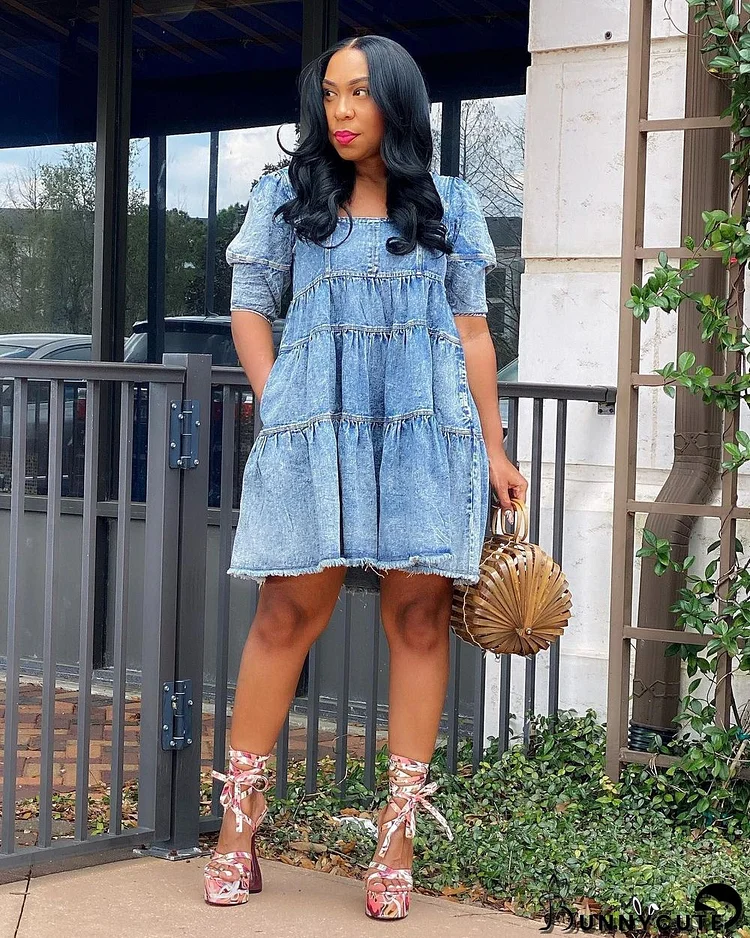 Women Short Sleeve Denim Ruffle Dress