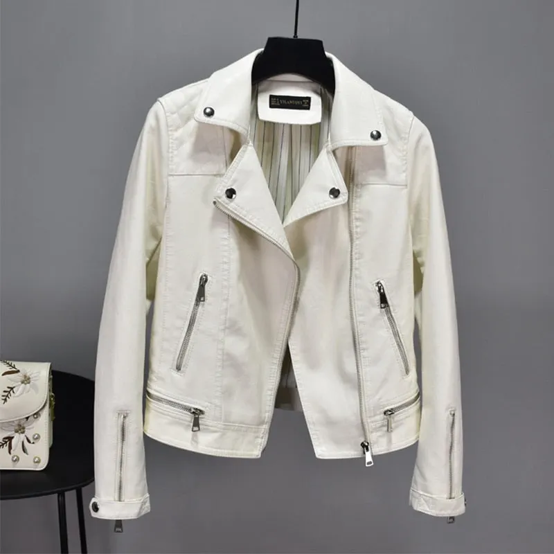 FTLZZ New Autumn Faux Soft Leather Pu Motorcycle Women Rivet Zipper Jacket Coat Female Turndown Collar Slim Biker Outerwear