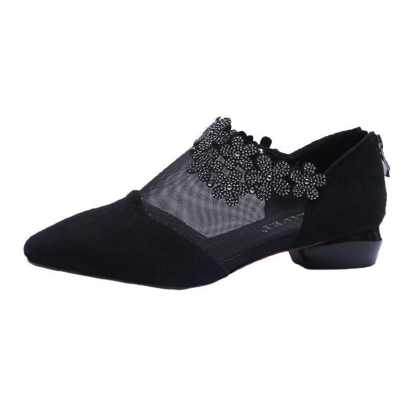 New Pointed Toe Sheer Mesh Flats Women's Loafers Rhinestone Flat Heels Spring Summer Shoes For Women Zipper Loafers Plus Size 42