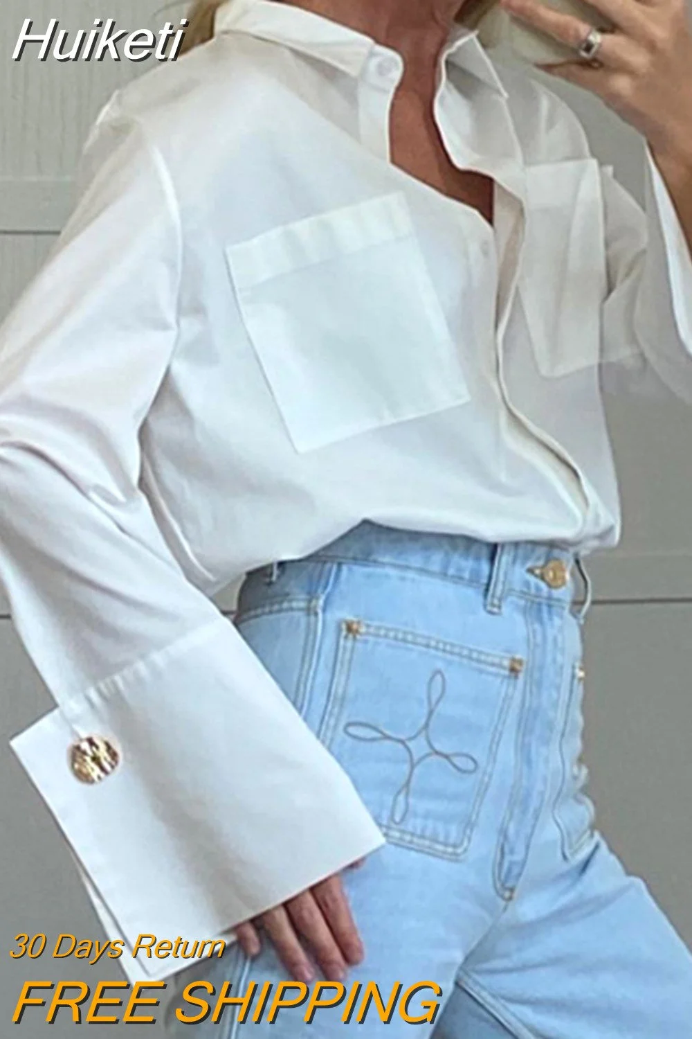 Huiketi Casual Women Blouses 2023 Elegant Button-up White Shirt Women Clothing Loose Long Sleeve Blouse Office Lady Tops 21365