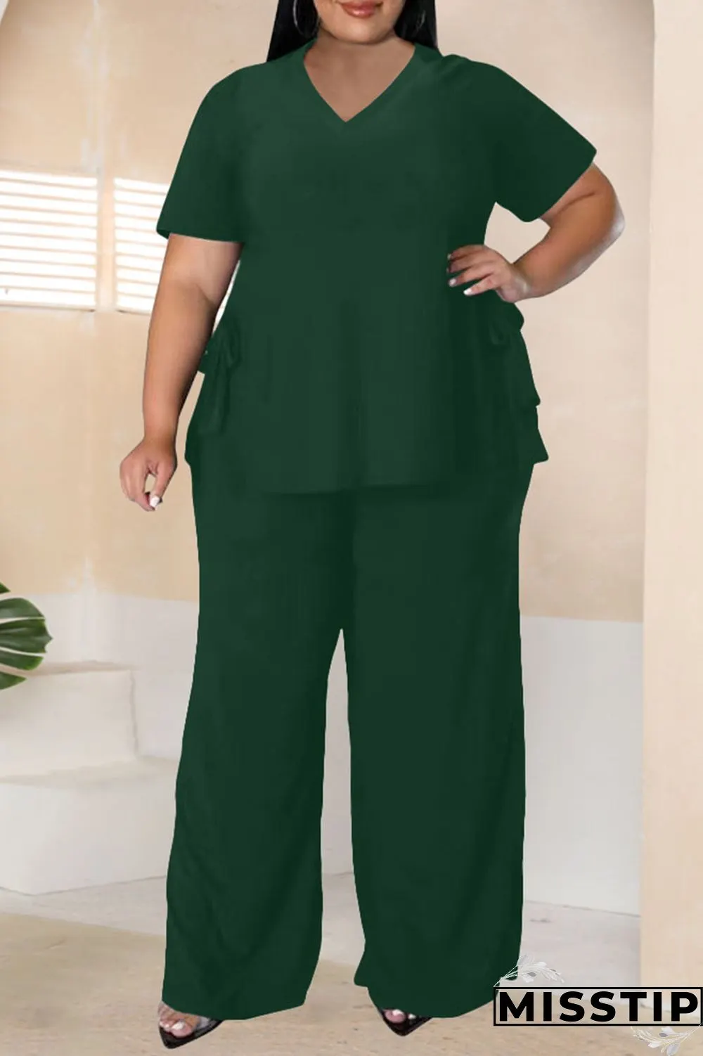 Burgundy Casual Solid Bandage Patchwork Slit V Neck Plus Size Two Pieces