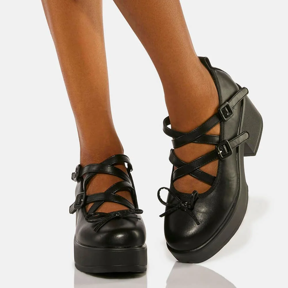 Black Platform Booties With Bow Decor Ankle Strap Chunky Heel Pumps Nicepairs