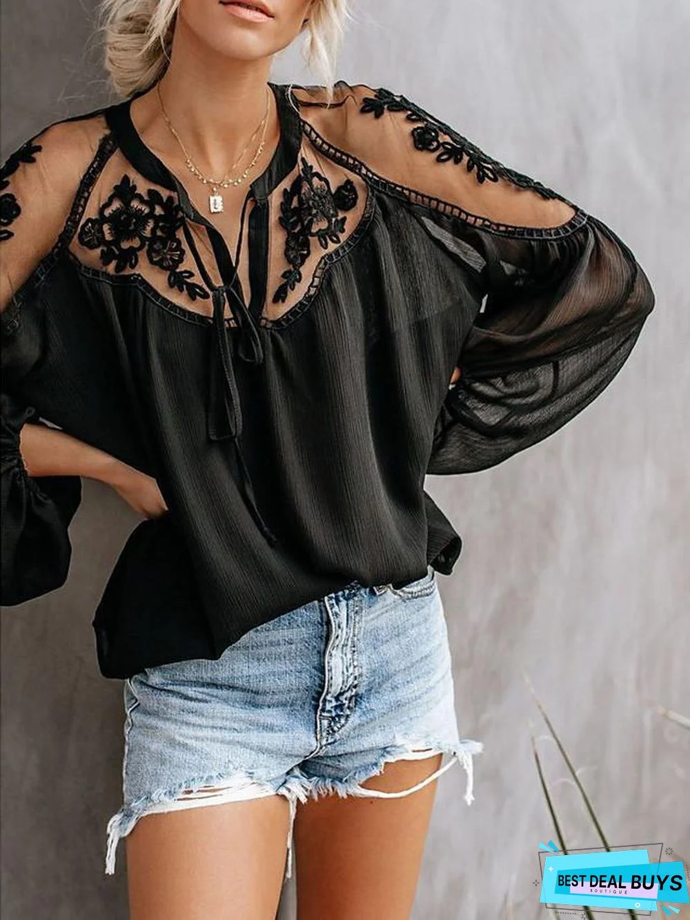 Women's Blouse Shirt Solid Colored Plain Long Sleeve Mesh Lace V Neck Tops Loose Basic Top White Black-0203815