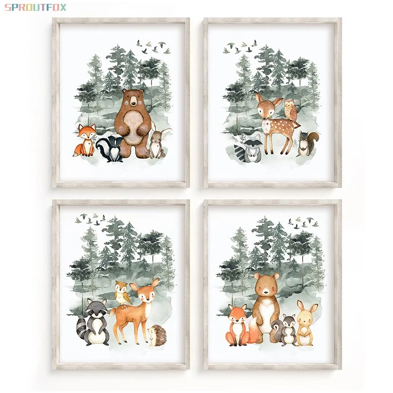 Custom Name Wall Posters Forest Animals Canvas Print Bear Fox Deer Painting Nursery Prints Nordic Wall Pictures Baby Room Decor