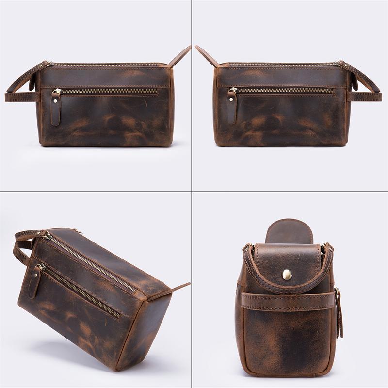 Men's Leather Retro Leather Clutch Large Capacity Wash Bag