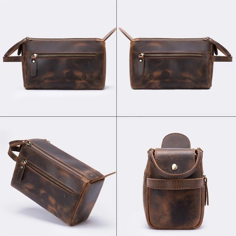Men's Leather Retro Leather Clutch Large Capacity Wash Bag
