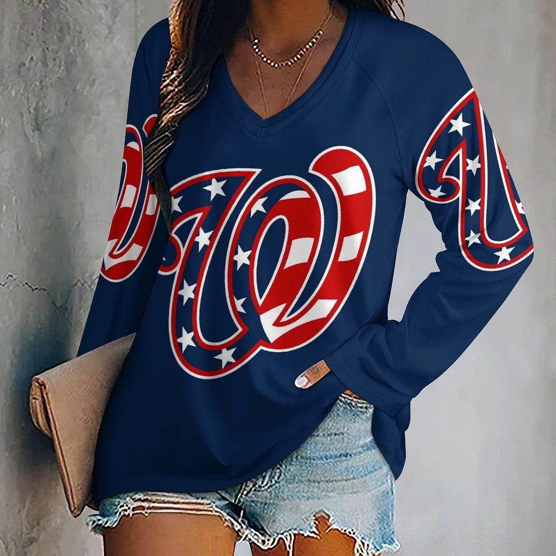 V-neck Long Sleeve Casual T-shirt for  Women and Men Printed with Pattern , Blue, Red