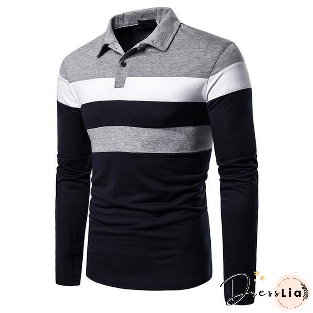 Fashion Men Lapel Long Sleeve Tri-color Striped Stitching Shirts