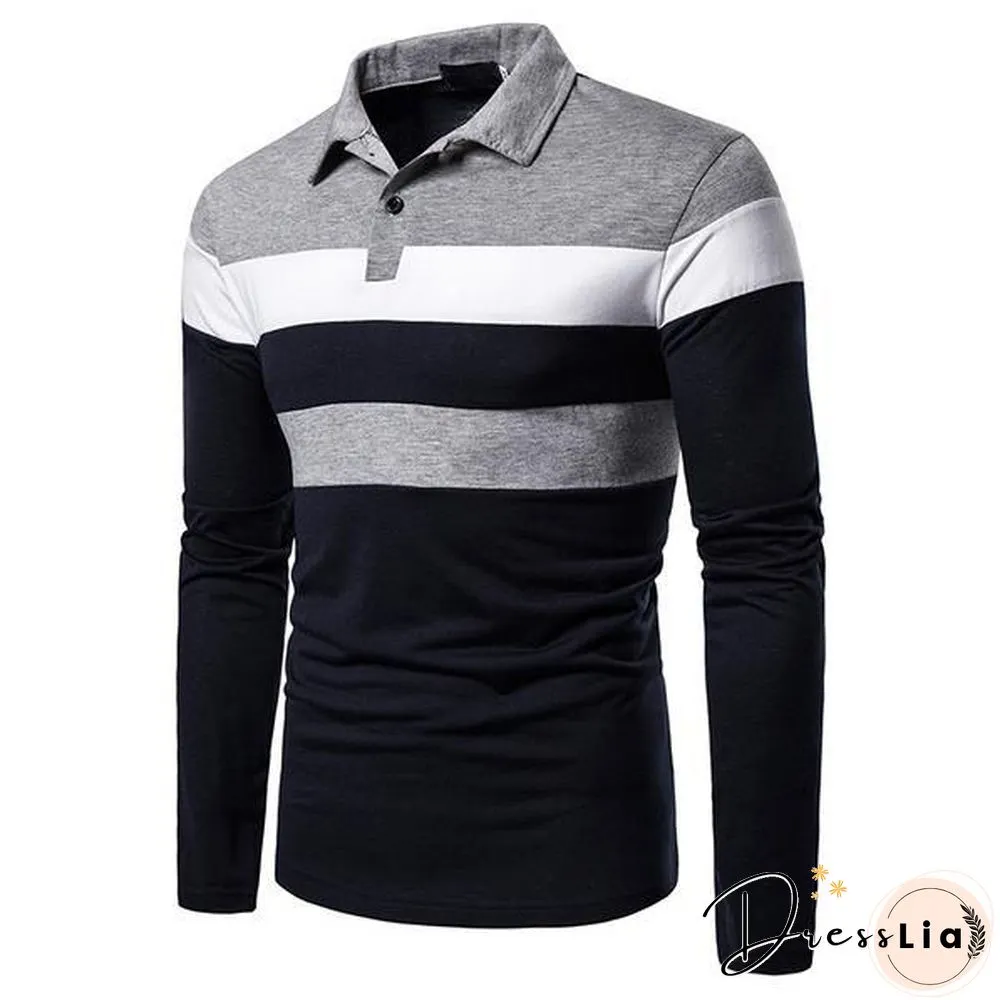 Fashion Men Lapel Long Sleeve Tri-color Striped Stitching Shirts