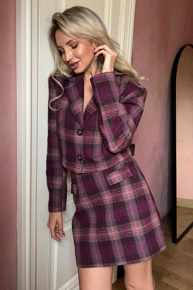Lapel Collar Long Sleeve Crop Blazer Plaid Mini Skirt Matching Set-Purple [Pre Order]