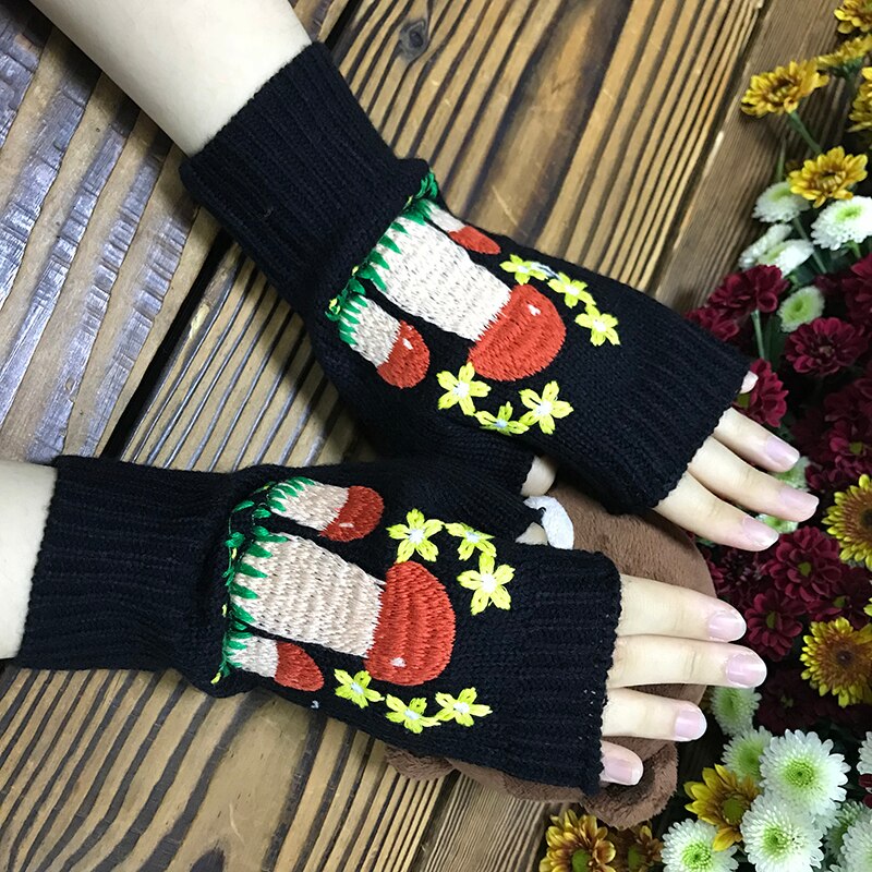 New Women's Autumn Knitted Handmade Embroidery Gloves Embroidered Mushroom Flowers Mid Long Half Finger Warm Wool Winter Gloves