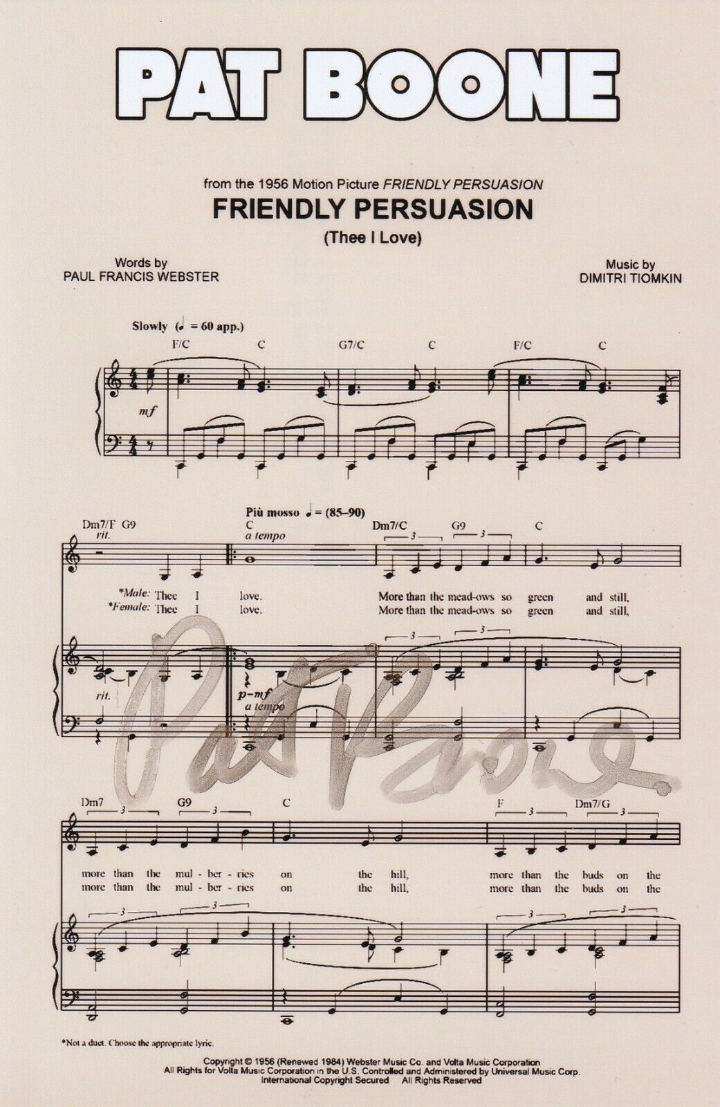 Pat Boone REAL hand SIGNED 4x6 Friendly Persuasion Sheet Music COA