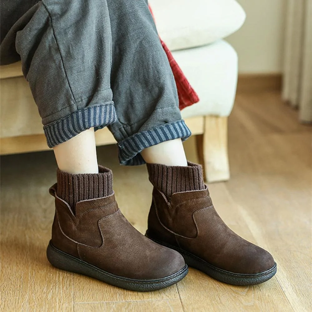 Handmade Soft Leather Ankle Boots with Elastic Sock Tube in Coffee/Green