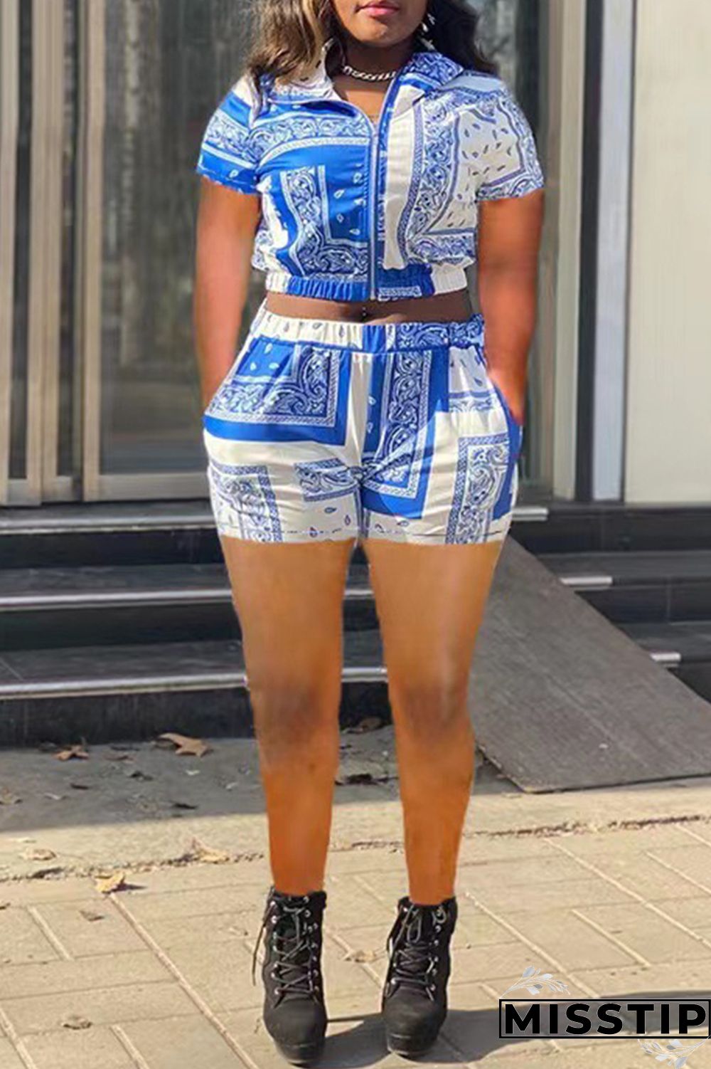 Blue Fashion Casual Print Basic Turndown Collar Short Sleeve Two Pieces