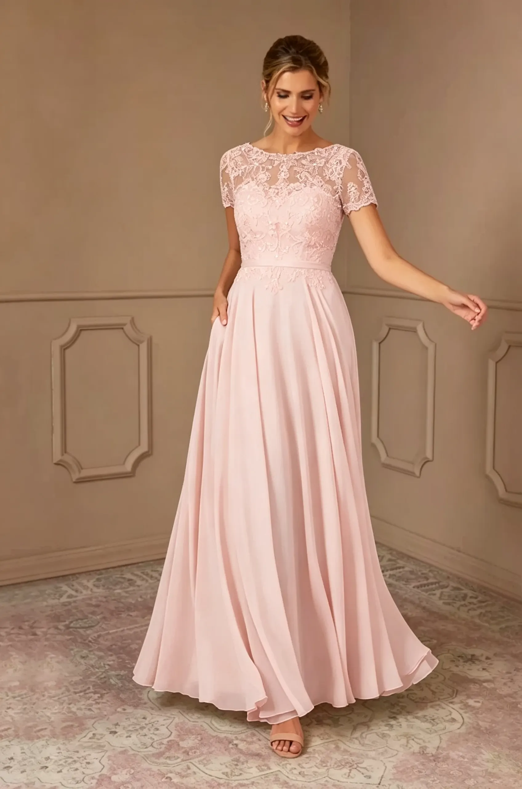 Daisda Chiffon Bateau Neck Short Sleeves Long A-Line Mother Of The Bride Dress With Appliques