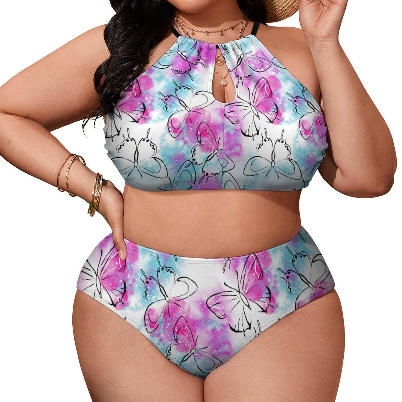 Women's Watercolor Butterfly High Waisted Two-Piece Plus Size Bikini Swimsuits Sets
