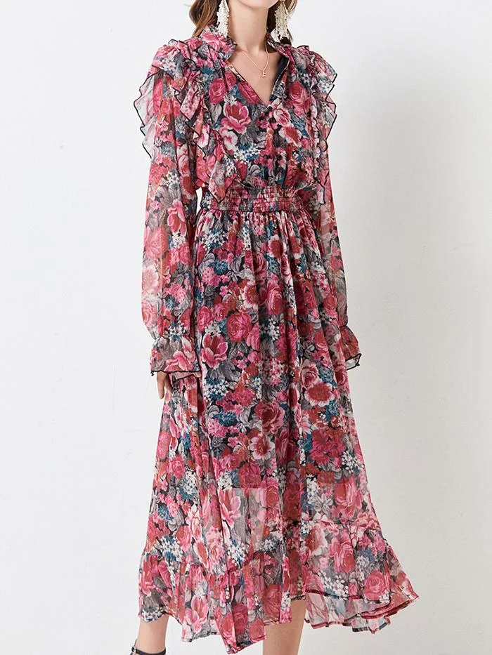 Fashion Chiffon Print Lantern Sleeve Dress