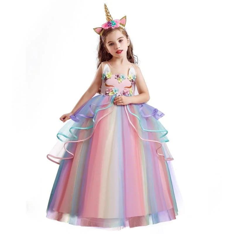 Flower Unicorn Tutu Dress for Little Girl with Headband Birthday Party Rainbow Long Gown Baby Children Fancy Wedding Dress