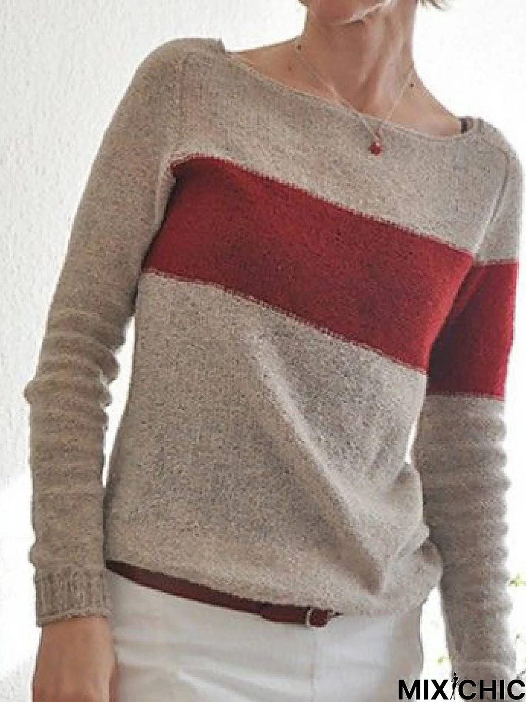 Light Khaki Square Neck Long Sleeve Sweater