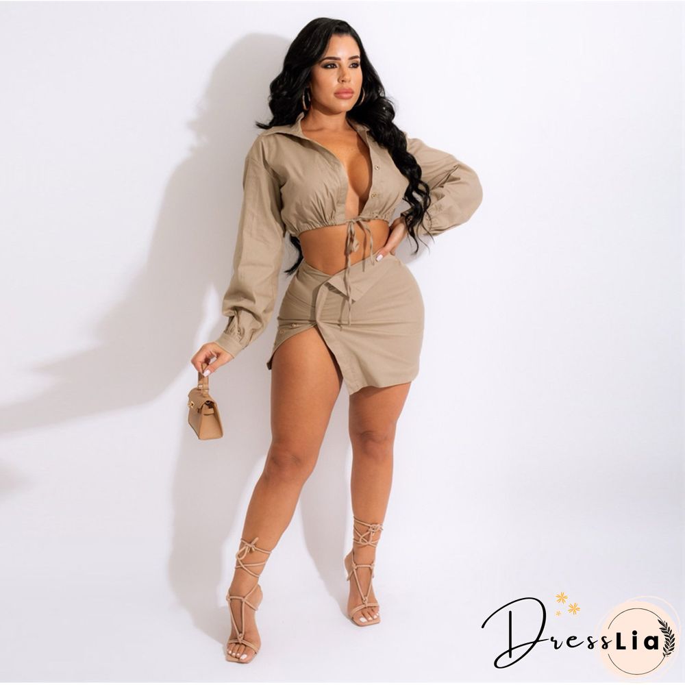 Lace Up Long Sleeve Shirt Crop Top Mini Skirt Set