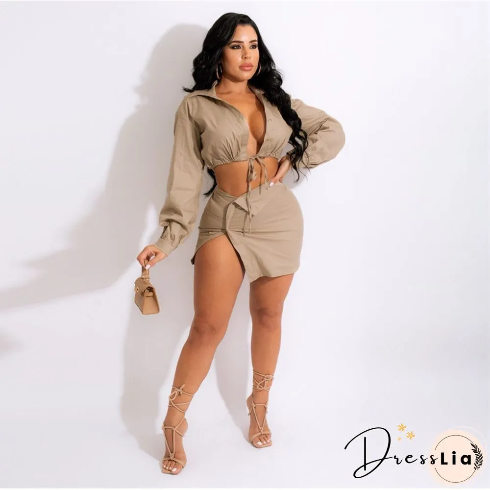 Lace Up Long Sleeve Shirt Crop Top Mini Skirt Set