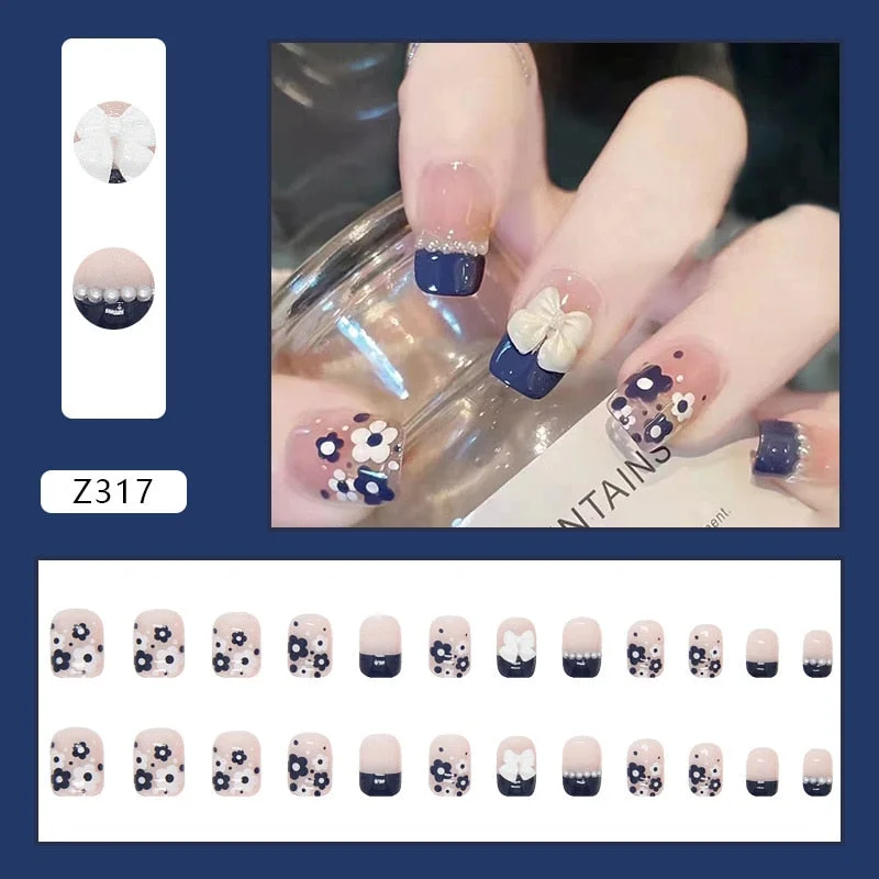 Fall nails Christmas nails 24Pcs/Set Short Square Fake Nails Blue White Butterfly Pearl Nail Arts Manicure False Nails With Design