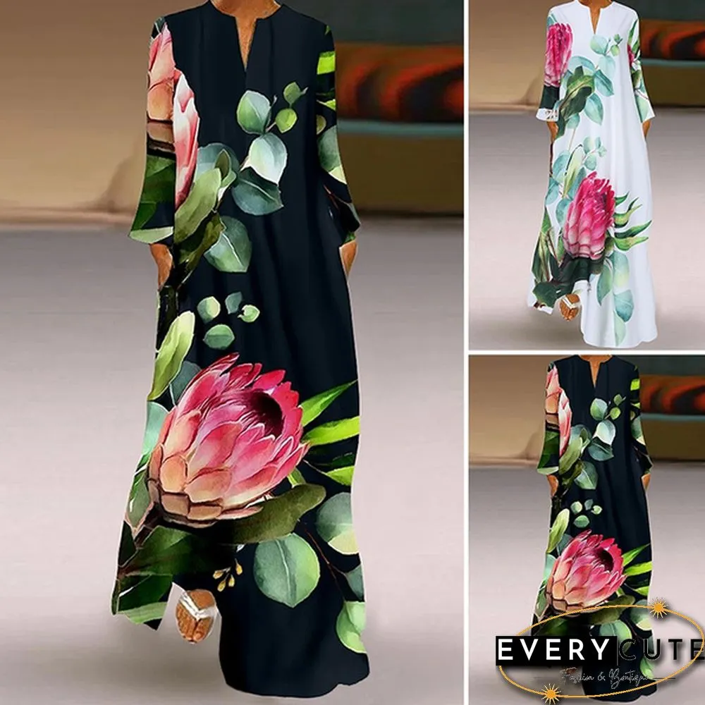 Women Spring Long Sleeved Floral Printed Plus Size Kaftan Dress Vintage Maxi Dresses
