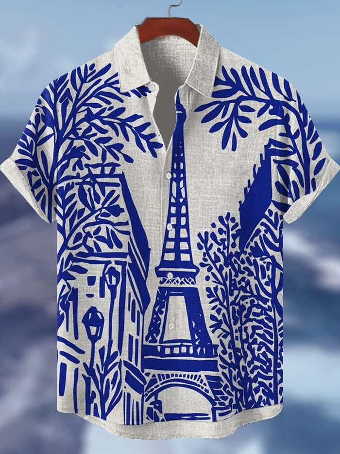 Men's Eiffel Tower Illustration Print Short Sleeve Shirt