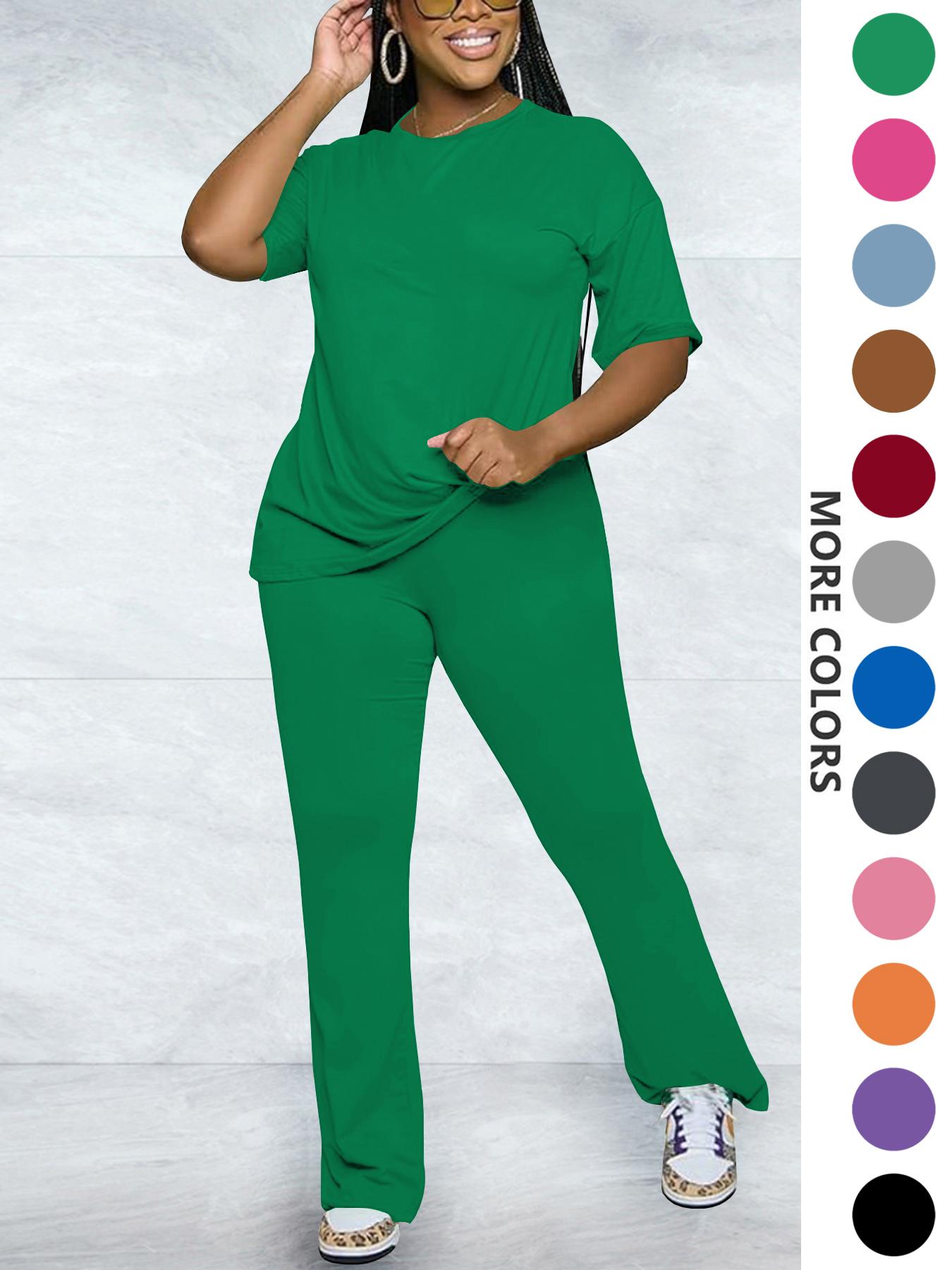 Women's Solid Round Neck Drop Shoulder Fitted Tee & Pants Two-piece Set, Casual Basic Fashion Cozy Half Sleeve T-shirt & Trousers for Daily Outdoor Wear, Women's Clothing for Fall, Casual Loungewear Set Women's Solid Round Neck Drop Shoulder Fitted Tee & Pants Two-piece Set, Casual Basic Fashion Cozy Half Sleeve T-shirt & Trousers for Daily Outdoor Wear, Women's Clothing for Fall, Casual Loungewear Set