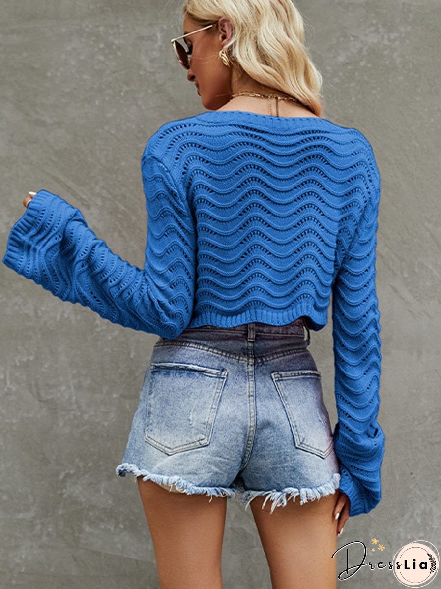 Fashionable Cropped Knit Solid Color Hollow Sweater