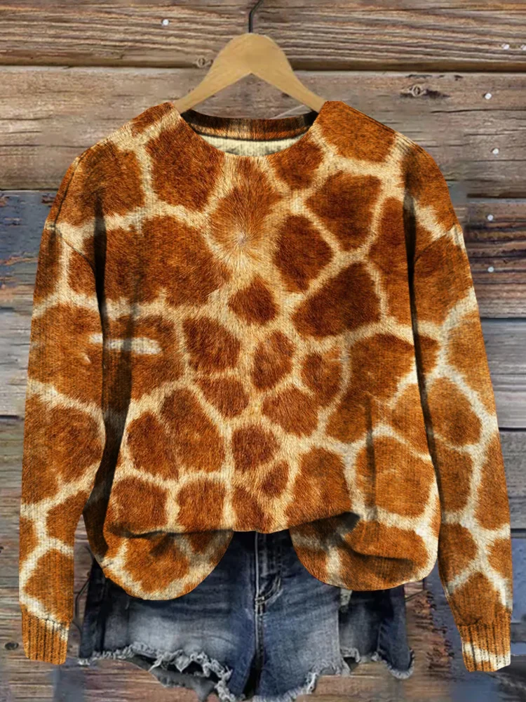 VChics Fluffy Giraffe Hide Graphic Crew Neck Cozy Sweater