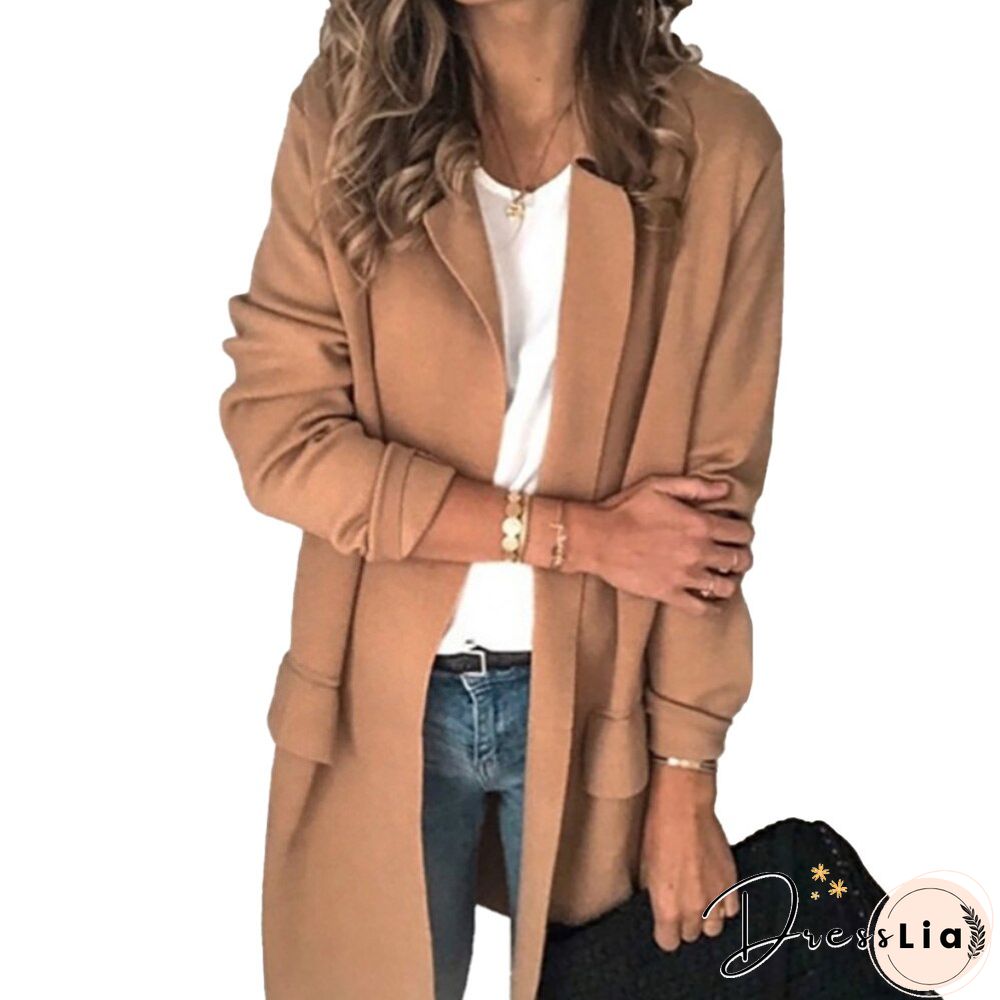 Women Eleagnt Office Lady Blazer Casual Fake Pocket Long Sleeve Long Coat Turn-down Collar Suit Vintage Fashion Winter Jacket