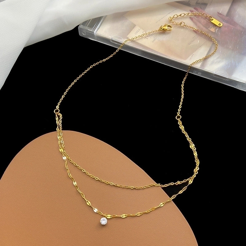304 Stainless Steel IG Style Minimalist Plating Inlay Round Artificial Rhinestones Layered Necklaces
