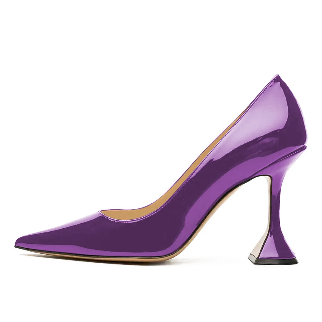 Dark purple Patent Leather Pointed Toe Classy Pumps with Flared Heel