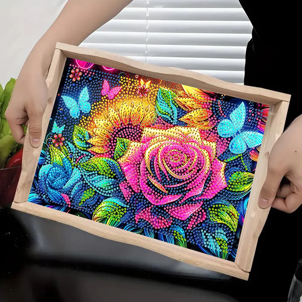 Butterfly Diamond Painting Wooden Serving Tray with Handles Home Decor (C)