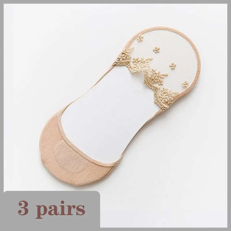 Lace Socks Women Summer Breathable High Heel Invisible Boat Socks Ankle Low Cut Sock Solid Embroidered Female Sox 3 Pairs