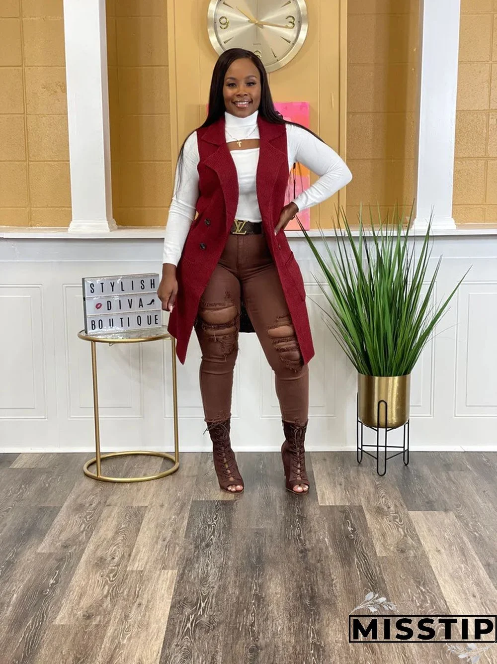 Solid Color Sleeveless knit Sweater Vest Cardigan