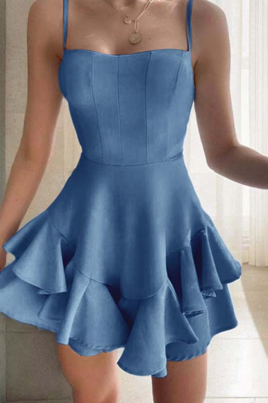 Hidais Sky Blue Spaghetti Strap Sleeveless Short Homecoming Dress With Ruffles