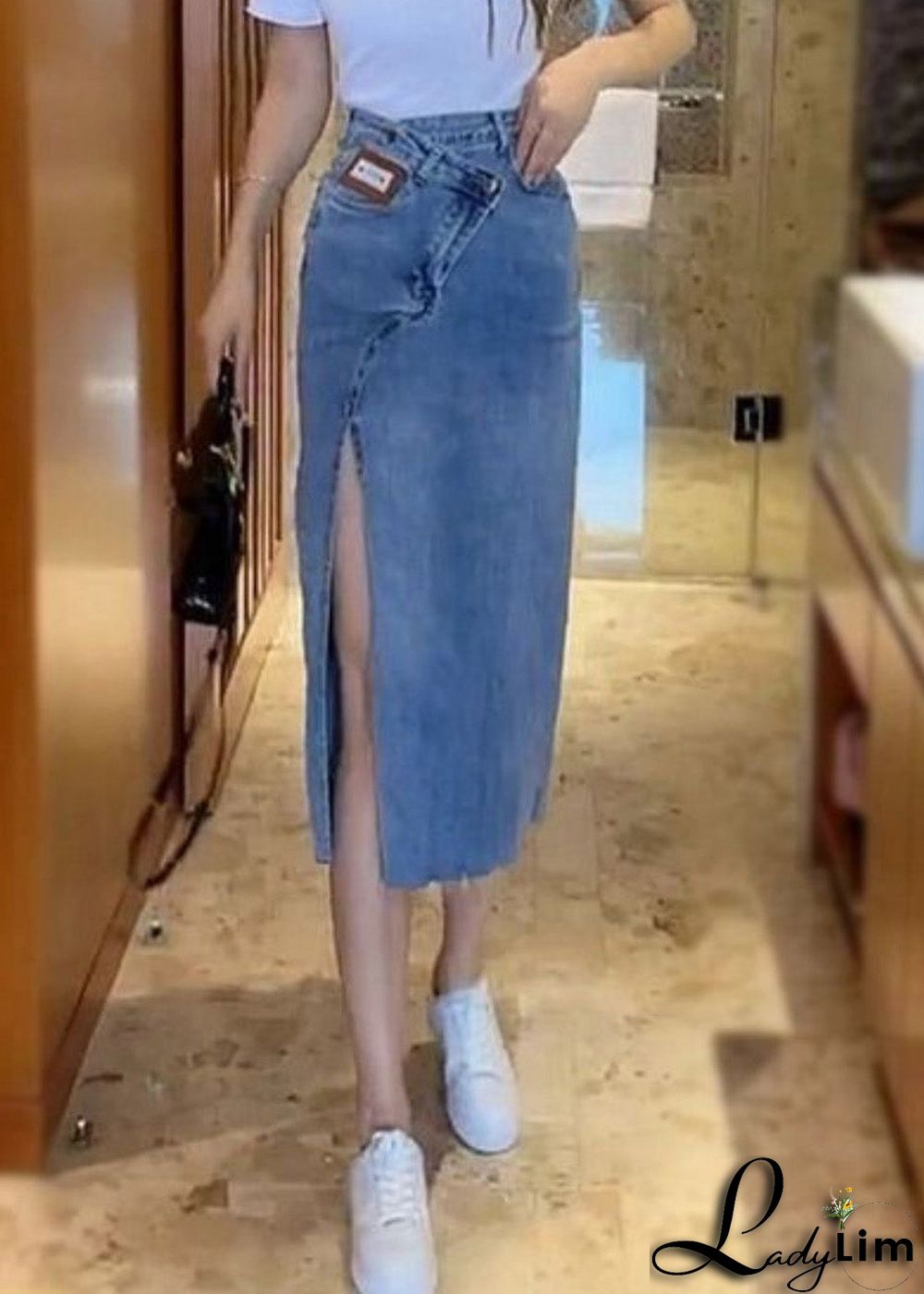 Natural Blue Sashes Patchwork High Waist Denim Maxi Skirts