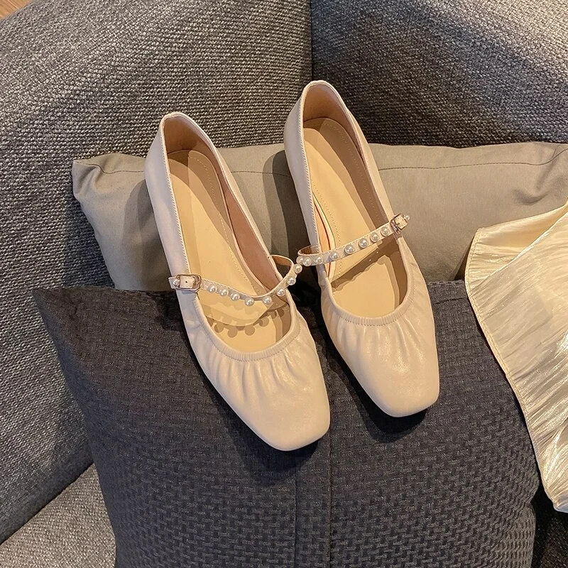 Leather Single Shoes Women 2020 New Versatile Middle Heel Pearl Square Head Soft Fairy Mary Jane Thick Granny