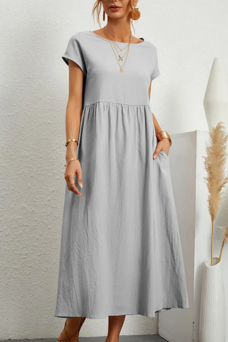 Plus Size Casual Silver Grey Cotton And Linen Solid Color Pocket Tea-Length Dress  Flycurvy [product_label]